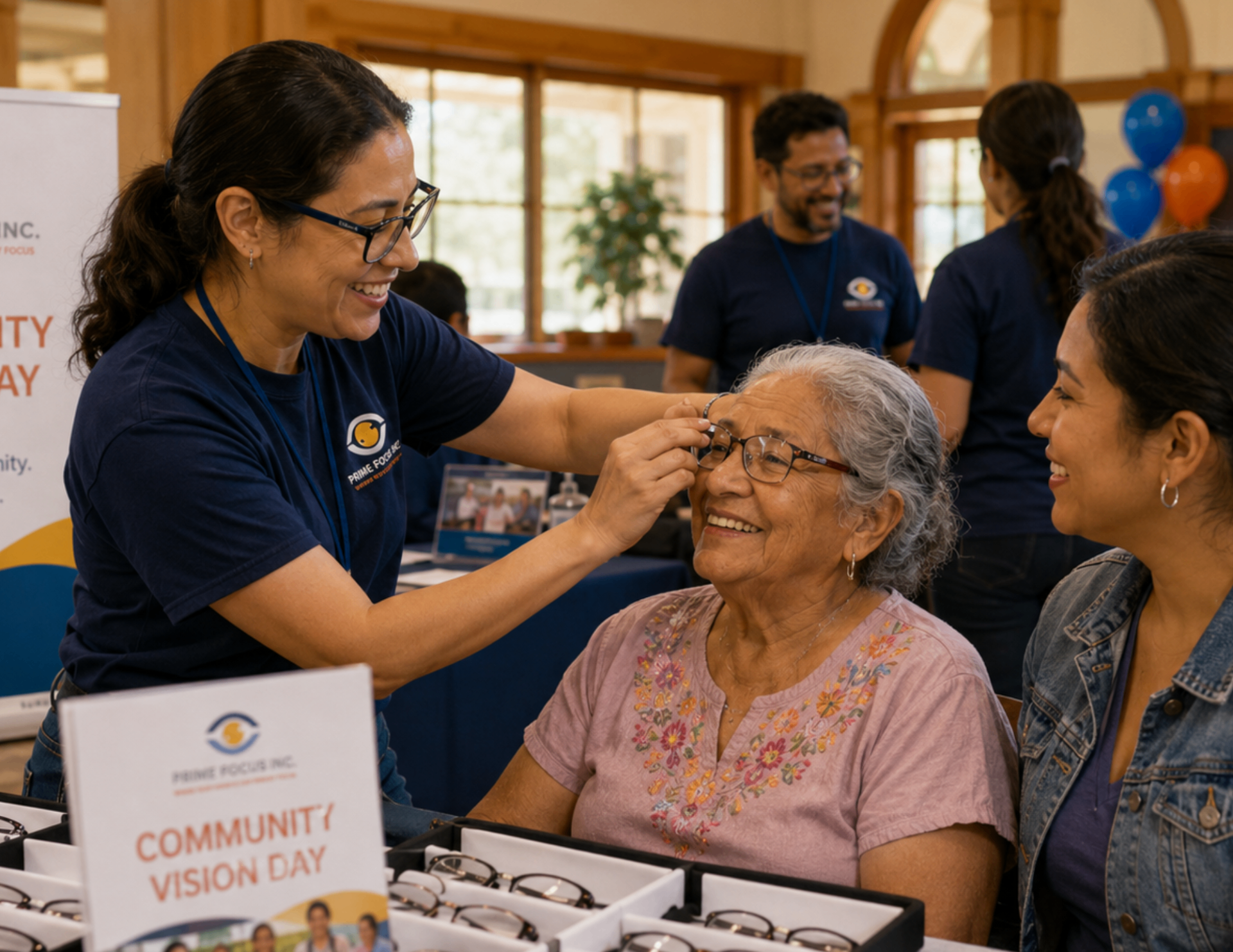 An optician carefully fits new eyeglasses on a smiling senior woman at a Prime Focus Community Vision Day.